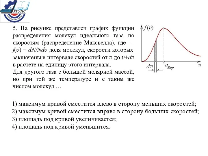 5. На рисунке представлен график функции распределения молекул идеального газа по скоростям (распределение
