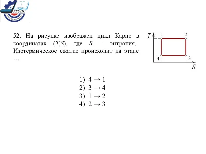 52. На рисунке изображен цикл Карно в координатах (T,S), где S − энтропия.