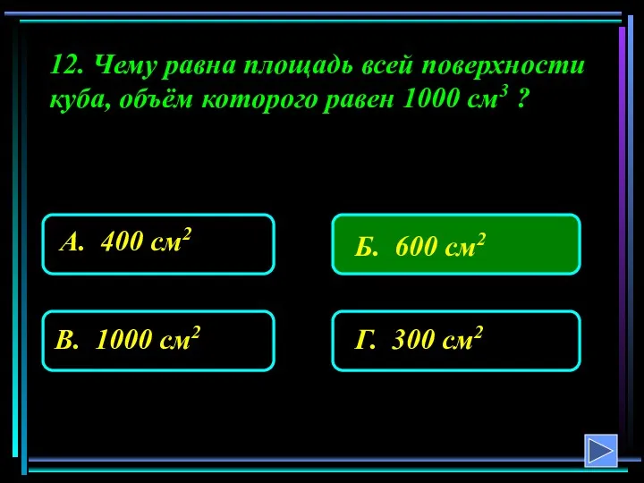 12. Чему равна площадь всей поверхности куба, объём которого равен 1000 см3 ?