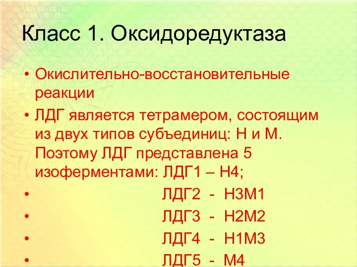 Класс 1. Оксидоредуктаза Окислительно-восстановительные реакции ЛДГ является тетрамером, состоящим из