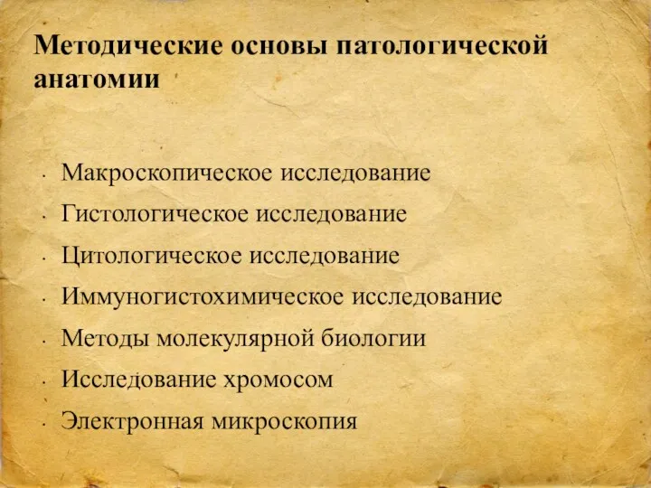 Методические основы патологической анатомии Макроскопическое исследование Гистологическое исследование Цитологическое исследование Иммуногистохимическое исследование Методы