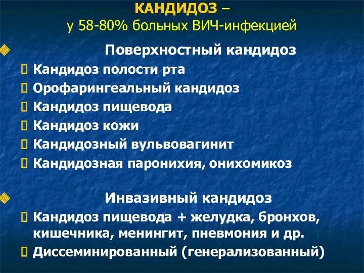 КАНДИДОЗ – у 58-80% больных ВИЧ-инфекцией Поверхностный кандидоз Кандидоз полости