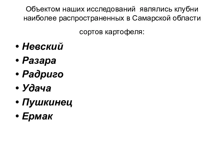 Объектом наших исследований являлись клубни наиболее распространенных в Самарской области