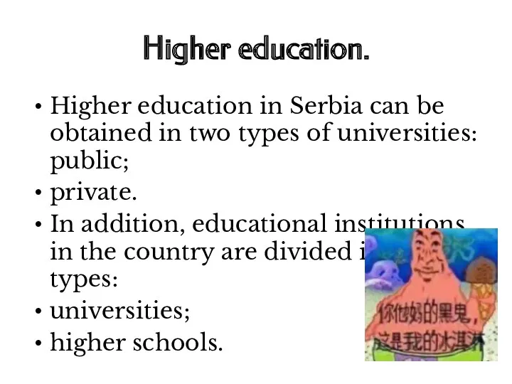 Higher education. Higher education in Serbia can be obtained in