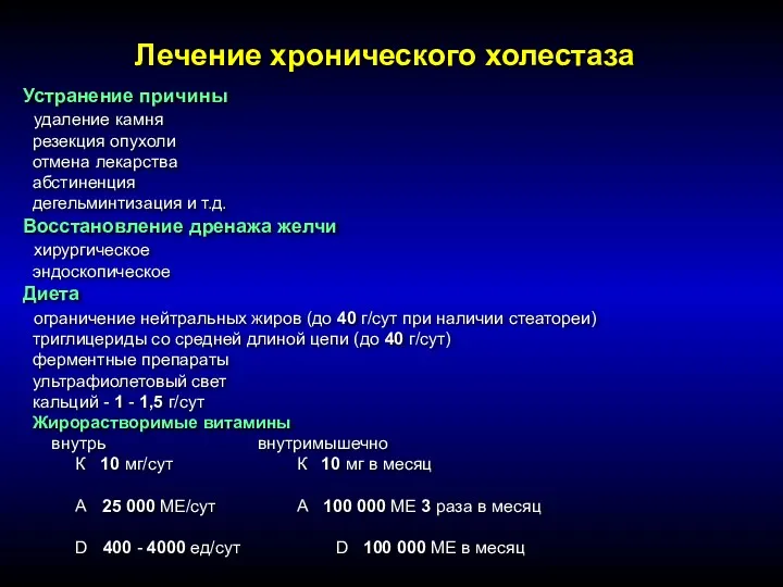 Лечение хронического холестаза Устранение причины удаление камня резекция опухоли отмена