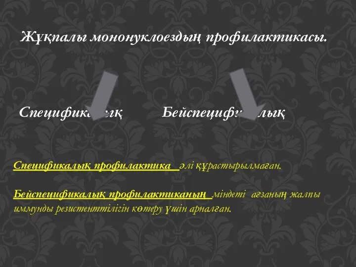 Жұқпалы мононуклоездың профилактикасы. Спецификалық Бейспецификалық Спецификалық профилактика әлі құрастырылмаған. Бейспецификалық