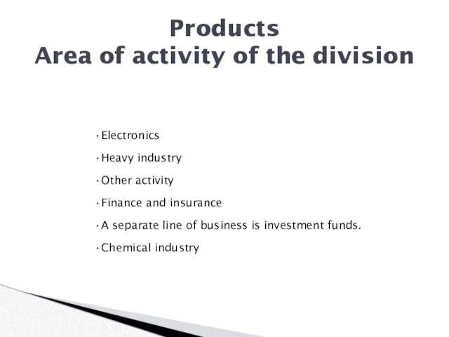Electronics Heavy industry Other activity Finance and insurance A separate line of business