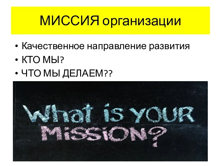 МИССИЯ организации Качественное направление развития КТО МЫ? ЧТО МЫ ДЕЛАЕМ??