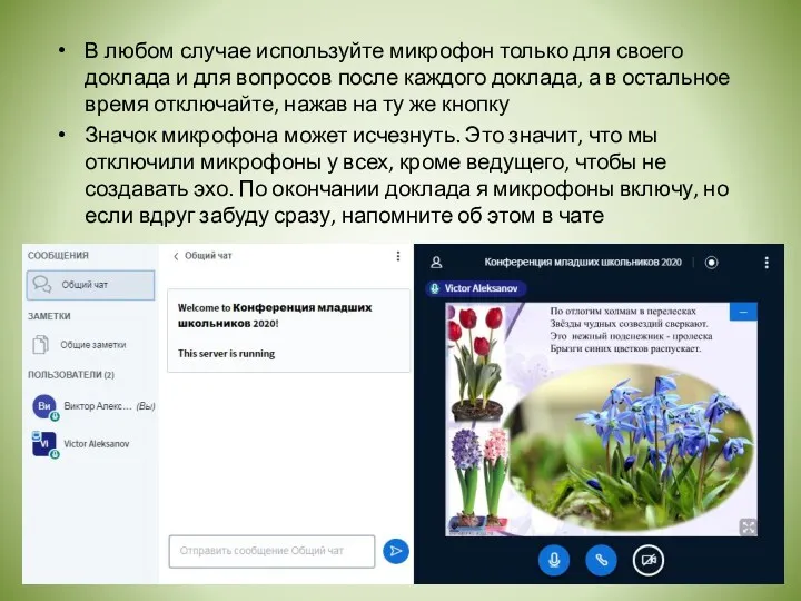 В любом случае используйте микрофон только для своего доклада и