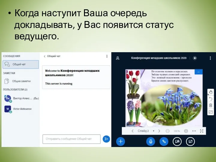 Когда наступит Ваша очередь докладывать, у Вас появится статус ведущего.