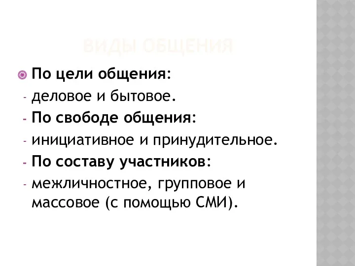 ВИДЫ ОБЩЕНИЯ По цели общения: деловое и бытовое. По свободе