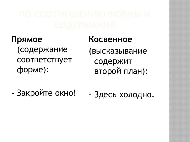 ПО СООТНОШЕНИЮ ФОРМЫ И СОДЕРЖАНИЯ Прямое (содержание соответствует форме): -