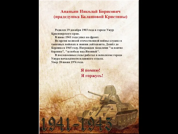 Ананьин Николай Борисович (прадедушка Балашовой Кристины) Родился 19 декабря 1903