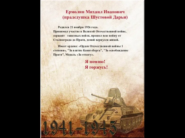 Ермолин Михаил Иванович (прадедушка Шустовой Дарьи) Родился 21 ноября 1926