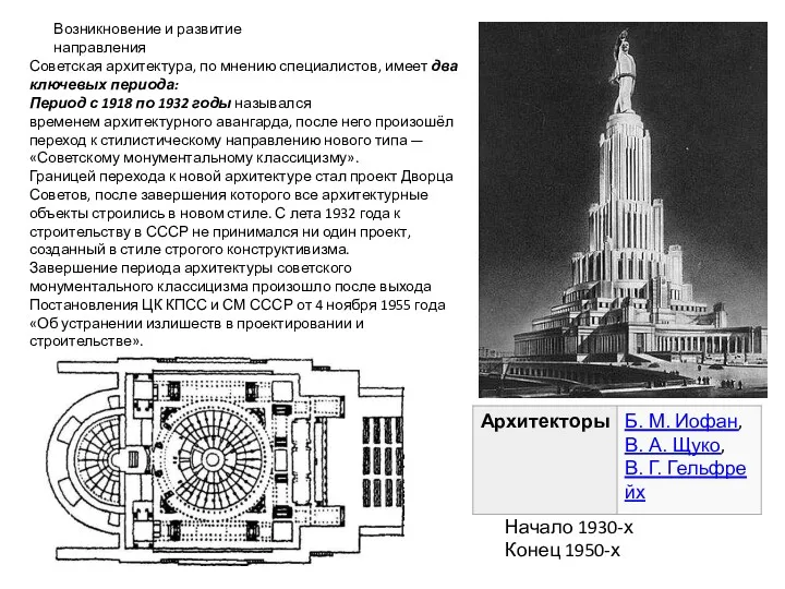 Советская архитектура, по мнению специалистов, имеет два ключевых периода: Период