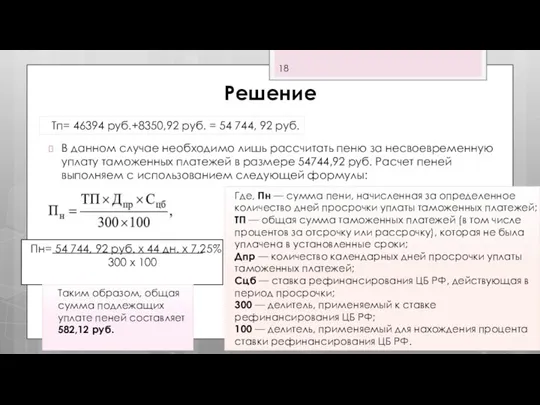 Решение В данном случае необходимо лишь рассчитать пеню за несвоевременную