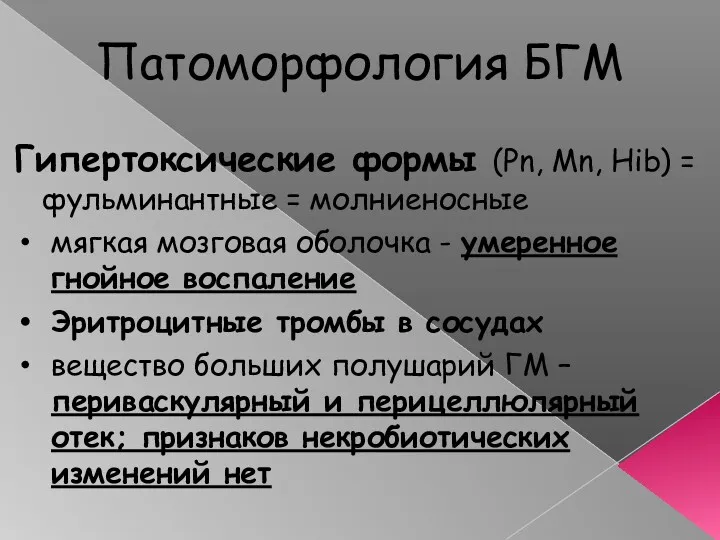 Патоморфология БГМ Гипертоксические формы (Pn, Mn, Hib) = фульминантные =