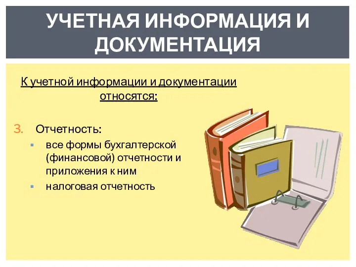 К учетной информации и документации относятся: Отчетность: все формы бухгалтерской