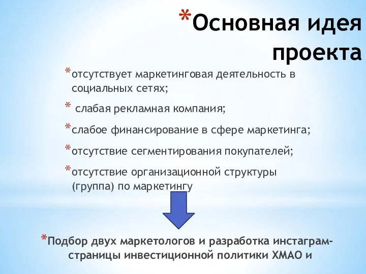 Основная идея проекта отсутствует маркетинговая деятельность в социальных сетях; слабая