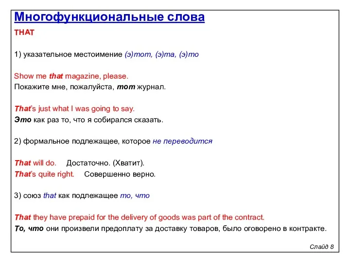 Слайд 8 THAT 1) указательное местоимение (э)тот, (э)та, (э)то Show