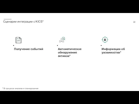 Получение событий Автоматическое обнаружение активов* Информация об уязвимостях* Сценарии интеграции