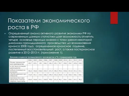 Показатели экономического роста в РФ Определенный анализ активного развития экономики