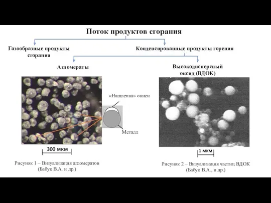 Конденсированные продукты горения Рисунок 1 – Визуализация агломератов (Бабук В.А.