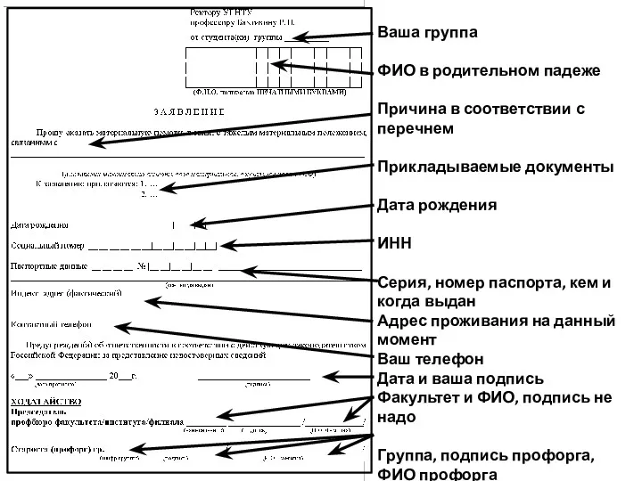 Ваша группа ФИО в родительном падеже Причина в соответствии с