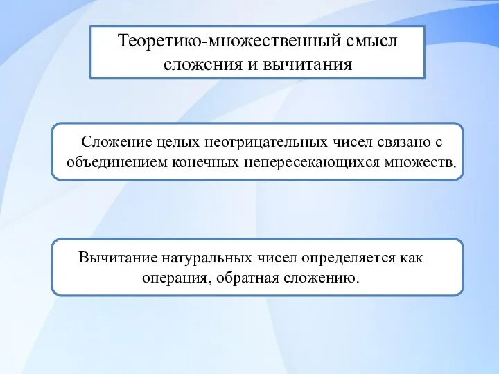 Теоретико-множественный смысл сложения и вычитания Сложение целых неотрицательных чисел связано