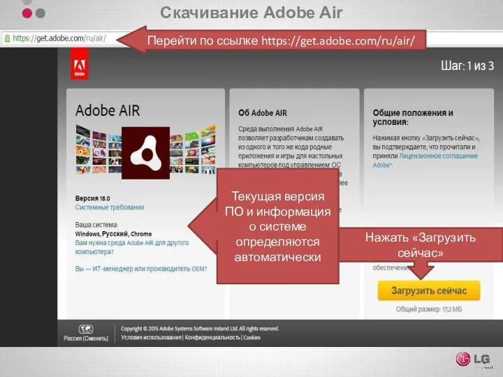 Скачивание Adobe Air Перейти по ссылке https://get.adobe.com/ru/air/ Текущая версия ПО и информация о