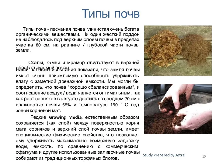 Типы почв Типы почв - песчаная почва глинистая очень богата органическими веществами. Ни