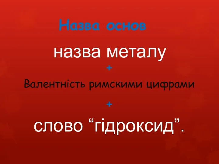 Назва основ назва металу + слово “гідроксид”. + Валентність римскими цифрами