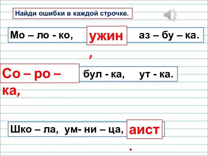 Найди ошибки в каждой строчке. Мо – ло - ко,