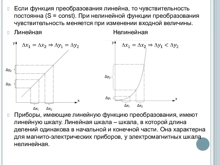 Если функция преобразования линейна, то чувствительность постоянна (S = const).