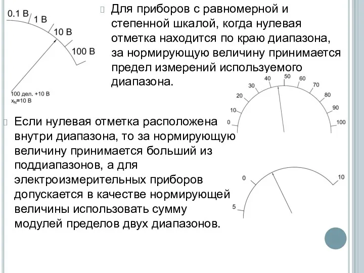 Для приборов с равномерной и степенной шкалой, когда нулевая отметка