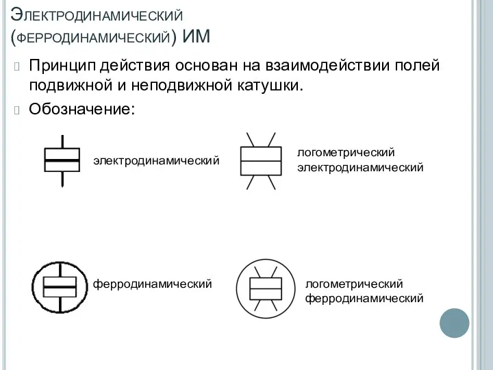 Электродинамический (ферродинамический) ИМ Принцип действия основан на взаимодействии полей подвижной