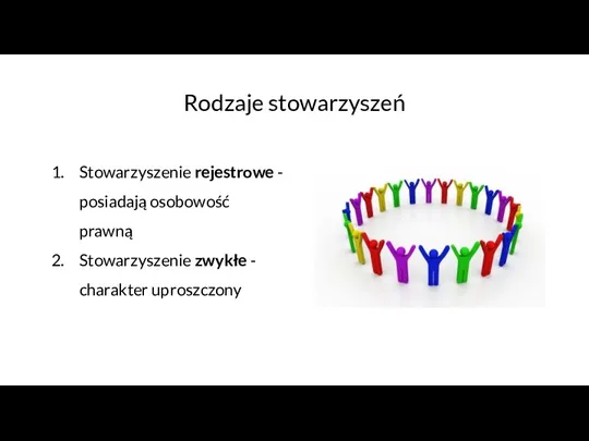 Rodzaje stowarzyszeń Stowarzyszenie rejestrowe - posiadają osobowość prawną Stowarzyszenie zwykłe - charakter uproszczony