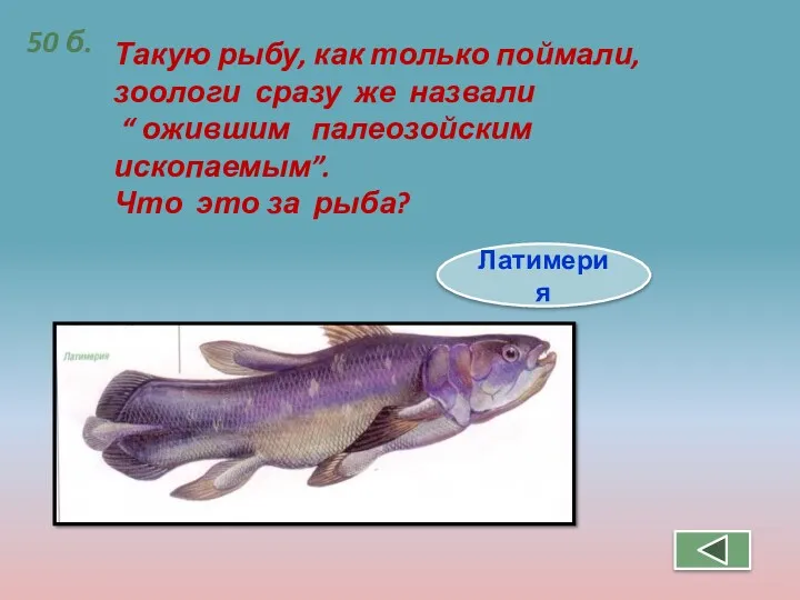 50 б. Такую рыбу, как только поймали, зоологи сразу же назвали “ ожившим