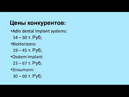 Цены конкурентов: Adin dental implant systems: 14 – 50 т.