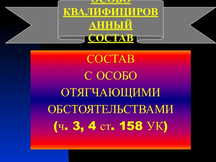 СОСТАВ С ОСОБО ОТЯГЧАЮЩИМИ ОБСТОЯТЕЛЬСТВАМИ (ч. 3, 4 ст. 158 УК) ОСОБО КВАЛИФИЦИРОВАННЫЙ СОСТАВ