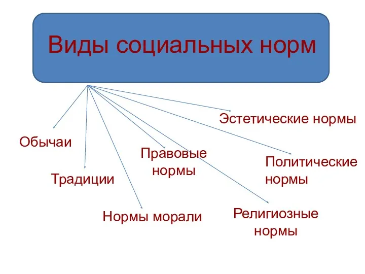 Виды социальных норм Обычаи Традиции Нормы морали Правовые нормы Религиозные нормы Политические нормы Эстетические нормы