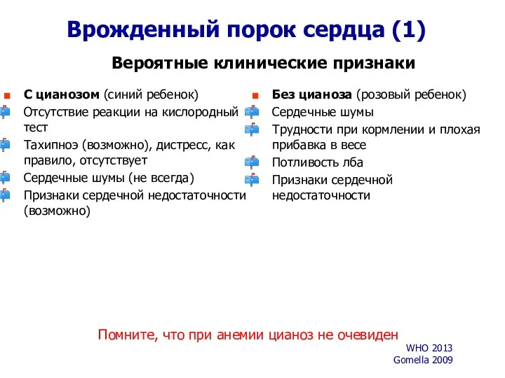 Врожденный порок сердца (1) С цианозом (синий ребенок) Отсутствие реакции на кислородный тест