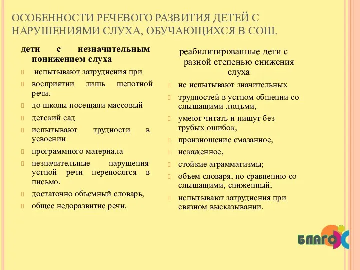 ОСОБЕННОСТИ РЕЧЕВОГО РАЗВИТИЯ ДЕТЕЙ С НАРУШЕНИЯМИ СЛУХА, ОБУЧАЮЩИХСЯ В СОШ.