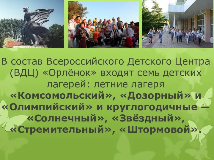В состав Всероссийского Детского Центра (ВДЦ) «Орлёнок» входят семь детских