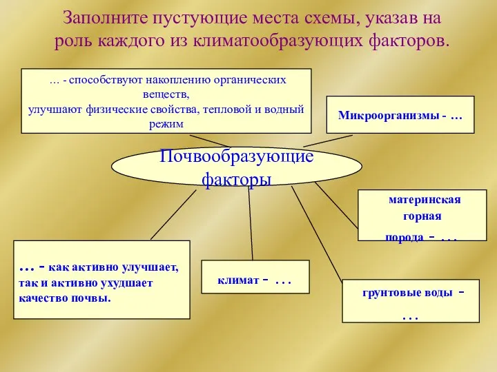 Почвообразующие факторы … - способствуют накоплению органических веществ, улучшают физические