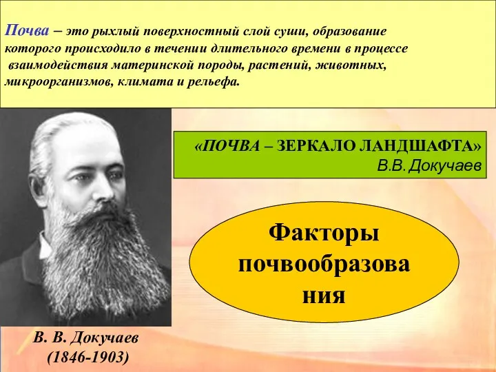 В. В. Докучаев (1846-1903) «ПОЧВА – ЗЕРКАЛО ЛАНДШАФТА» В.В. Докучаев