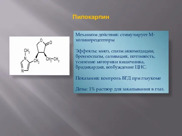 Пилокарпин Механизм действия: стимулирует М-холинорецепторы Эффекты: миоз, спазм аккомодации, бронхоспазм,