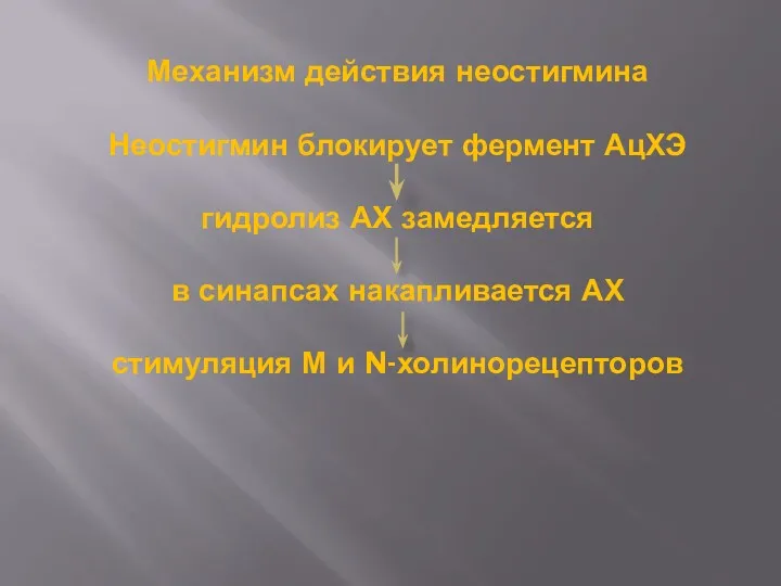 Механизм действия неостигмина Неостигмин блокирует фермент АцХЭ гидролиз АХ замедляется