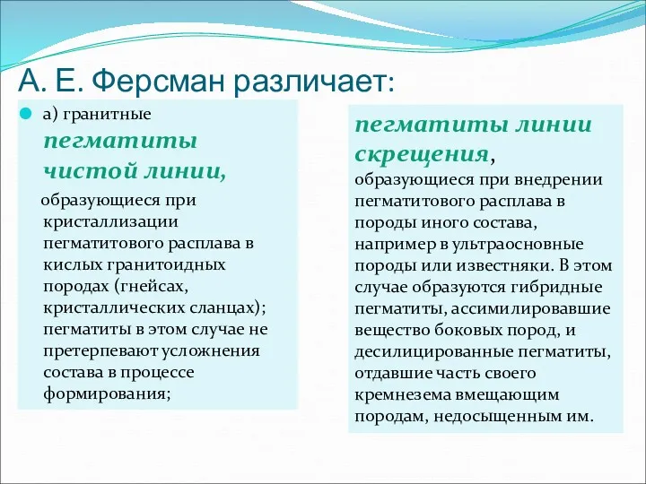 А. Е. Ферсман различает: а) гранитные пегматиты чистой линии, образующиеся