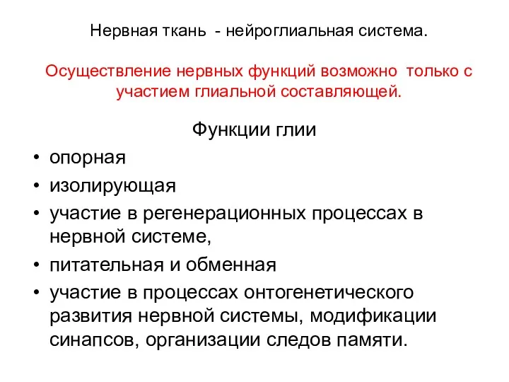 Нервная ткань - нейроглиальная система. Осуществление нервных функций возможно только